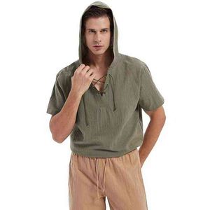 2022 Verano Nuevos camisetas para hombres Camisas sueltas de encaje de manga corta Color sólido Camiseta Hombres Camisa con capucha de lino de algodón para ropa masculina L220704