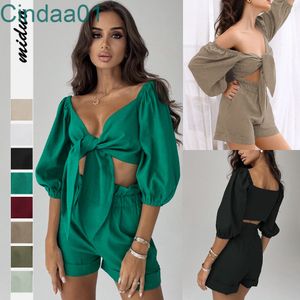 2022 Zomer Nieuwe tweedelig broek Outfits Pure Color Fashion Sexy Cotton Linen Cardigan Top Pocket Shorts Casual Pak