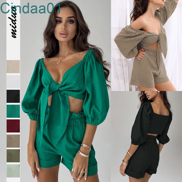 2022 été nouveau deux pièces pantalons tenues couleur Pure mode Sexy coton lin Cardigan haut poche Shorts costume décontracté