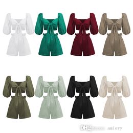 2022 Zomer Nieuw tweedelig broek Set Pure Color Fashion Sexy Cotton Linen Cardigan Top Pocket Shorts Casual Pak