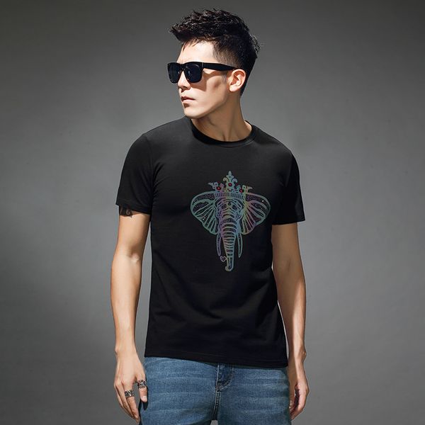 2022 Summer New Western Style Camisetas para hombres Luxury Hot Diamond Sequin Elephant Printing Design Tees Slim Simple Mercerized Cotton Clothing Top Negro Blanco M-4XL