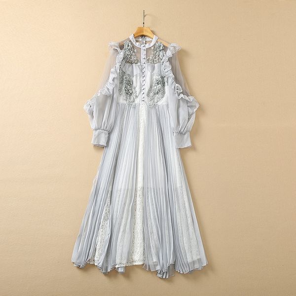 2022 été épaule dénudée col rond gris tulle broderie perlée à volants mi-mollet robe appliques paillettes simple boutonnage robes décontractées 22Q151638 grande taille XXL