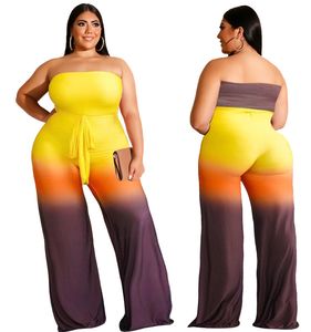 2022 Zomer Plus Size Dames Jumpsuit Gradiënt Printing Strapless Mouwloze Elegante Wide Leg Rompertjes met Sash Casual Overalls