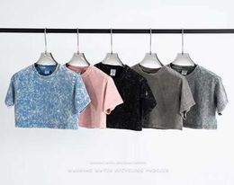 Camiseta de algodón puro con cuello redondo para mujer, Top corto en blanco, ropa informal Vintage con lavado ácido, camiseta de gran tamaño 2022