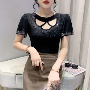 2022 Verano Royal Sister Mesh Industria pesada Diamante laminado en caliente Moda Cuello redondo Ahueca hacia fuera Malla versátil Borde con volantes Manga corta Mujer Sexy