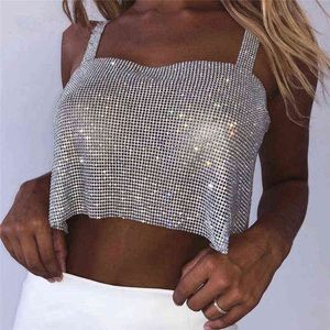 2022 Zomer Shiny Crystal Chain Tank Top Zilver Metalen Mesh Halter Metallic Strap Crop Tops Vest Party Clubwear Outfits G220414