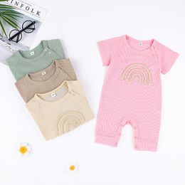 2022 zomer korte mouw baby rompertjes mooie regenboog stijl pure kleur bodysuit voor meisje jongen roze / beige / khaki / groen 4 kleuren 3m-18m
