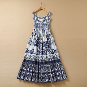 2022 Zomer Spaghetti Band Vierkante Hals Blauw Paisley Print Paneel Lange Maxi Jurk Elegante Casual Blauw en Wit Porselein Jurken 22Q151631