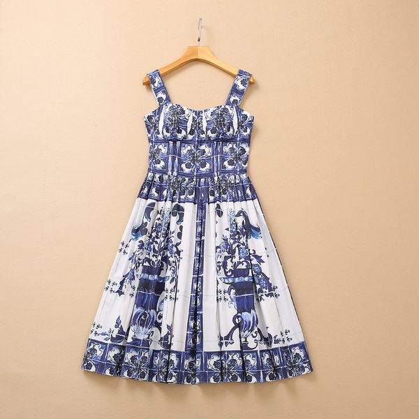 2022 Summer Spaghetti Strap Square Neck Blue Blue and White Porcelana Paisley Print Paneles Vestido hasta la rodilla Elegantes vestidos casuales 22Q192317