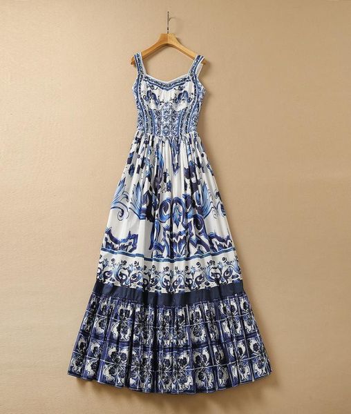 2022 Verano Correa de espagueti Cuello cuadrado Azul Paisley Estampado con paneles Vestido largo largo Elegante Casual Azul y blanco Porcelana Dresse6750678