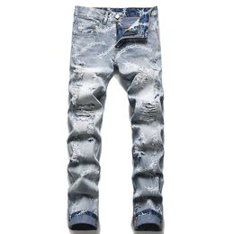 2022 Summer Street gescheurde gat heren jeans mode stedelijk strak bedrukte katoenen denim broek slanke pasvorm midden taille casual broek