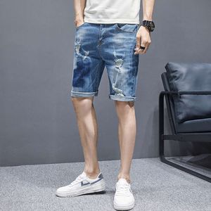 2022 Zomer dunne, geperforeerde bedelaars denim shorts, slanke herenfit, rechte been, Koreaanse elastische werkkleding, 5/4 middelste broek trendy