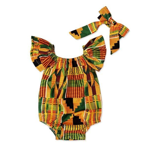 2022 été bambin filles hors de l'épaule barboteuses bébé infantile imprimé africain combinaisons + bandeaux style bohème enfants boutique
