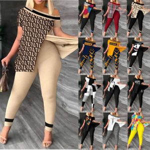 2023 zomer nieuwe 3xl vrouwen tweedelige broek outfits designer onregelmatige korte mouw off shoulder tops leggings bijpassende set