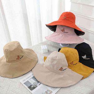 2022 été femmes seau chapeau panaméen pêcheur chapeau grand bord papillon broderie chapeau couche intérieure anti-UV pare-soleil Sunhat G220311