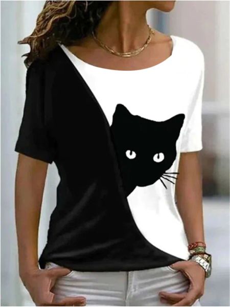 Camisetas con estampado de tema de gato para mujer, camisetas informales con cuello redondo para mujer, jersey de uso diario, nuevo diseño de camiseta 2022