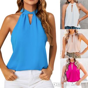 2022 Zomer dameskleding nieuwe dameshals nek stropdas chiffon vest stevige mouwloze bandage tops