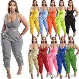 2022 Summer Women Tracksuits Designer Two -Pally Pants Set Sexy Suspenders Tank Top Sweatpant Bandage Outfit Sports Suit