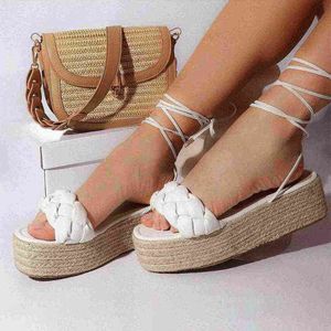 2022 Zomer Dames Wedge Sandalen Weavethick Bottom Pee Teen Shoes Cross-Tied Fashion Flat Slides Vrouw Platform Sandal Plus Size Y220421