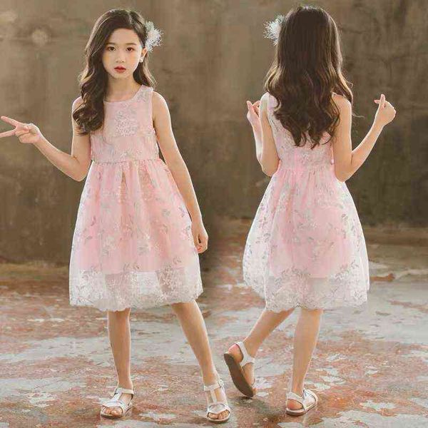 2022 adolescents filles robes été adolescent princesse plaid maille dentelle enfants robes sans manches robes filles vêtements 6 8 9 10 12 14 ans G220518