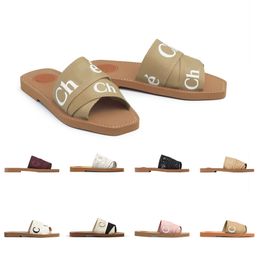 2022 Authentieke vrouwen Woody Flats Mules Slides Designer Canvas Slippers Wit zwart zacht roze zeil muildieren platte sandalen mode outdoor strandschoenen maat 35-42