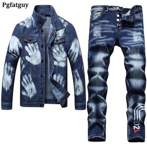 2022 Trainingspakken Blauw Gewassen 2-delige Heren Jeans Sets Maat M-5XL High Five Denim Jas Met Lange Mouwen En Stretch Print Broek Ca2419