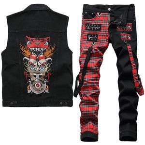 Ensemble jean deux pièces Style Punk pour hommes, gilet en Denim hibou brodé noir, panneau assorti, pantalon Colorblock, 2 pièces, Streetwear d'été