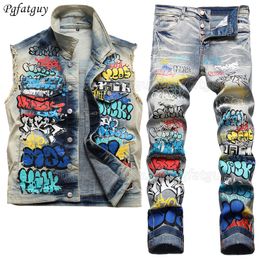 Chándales Conjunto retro de motocicleta de 2 piezas para hombre Explosión nuclear Insignia de Harley Rock Chaleco de mezclilla y jeans elásticos rasgados Conjuntos masculinos de dos piezas