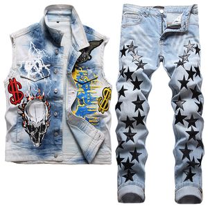 Retro motorfiets herensets rock badge geborduurd denim vest bijpassende pentagram stretch jeans zomer mode 2 stuks kleding man