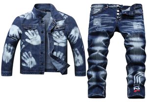 2022 survêtements Spring Autumn Men039S Sets de grande taille M5xl Jeans en deux pièces sets Jacket en jean imprimé en vrac bleu et stretch pant3171721