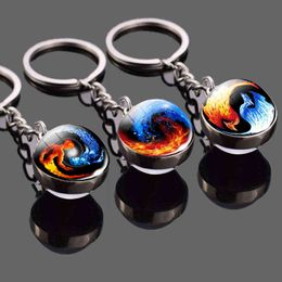 2022 Trendy Glas Cabochon Keychian Ice and Fire Photo Yin Yang Sleutelhangers Sleutelhangers Bohemia Ball Hanger Accessoires