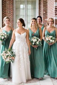 2022 Turquoise chiffon bruidsmeisje jurken spaghetti riemen mouwloze vloer lengte strand bruiloft gastengangen plus maat op maat gemaakte formele gelegenheidslijtage