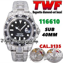 2022 TWF 116610 126610 Cal.3135 A3135 Automatisch Mechanisch Herenhorloge Baguette Diamond-set Bezel Black Dial 904L Steel Iced Out Diamonds Bracelet Eternity Watches