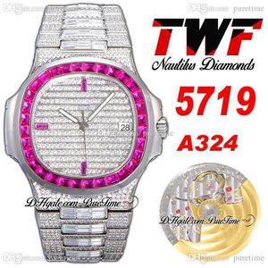 2022 TWF 5719 A324 Automatische Herenhorloge Rode Diamanten Bezel geplaveid Diamant Stick Dial en volledig Iced Out Bracelet Super Edition Sieraden Horloges Nieuwe Puretime G7