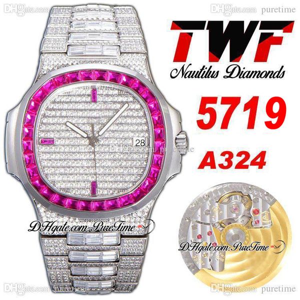 2022 TWF 5719 A324 Automatique Montre Homme Diamants Rouges Lunette Pavée Diamant Cadran Bâton Et Bracelet Entièrement Glacé Super Edition Bijoux Montres Nouveau Puretime G7