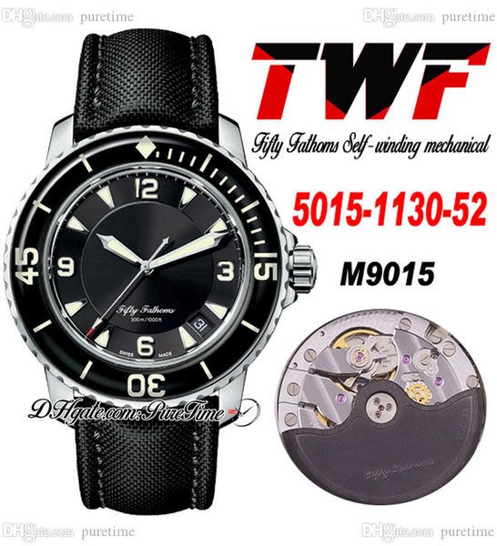 2022 TWF Fifty Fathoms 5015-1130-52 Miyota 9015 Montre automatique pour homme Boîtier en acier Cadran noir Bracelet en toile de voile Super Edition Puretime A1
