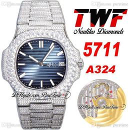 2022 TWF verharde diamanten 5711 324SC A324 Automatische Herenhorloge Blauwe textuur Dial Stick Markers Volledig Iced Out Out Big Diamond Armband Super Edition Horloges Puretime D4