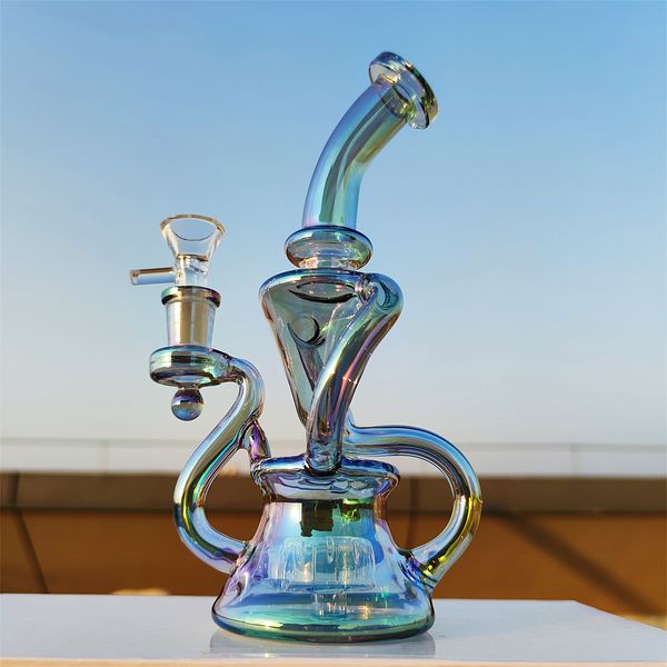 Klein Heady Glass Bong Twin Chamber Rainbow Metallic Hookah Glass Bong Dabber Rig Recycler Incycler Pipes Water Bongs Smoke Pipe 14.4mm Female Joint avec Regular Bowl