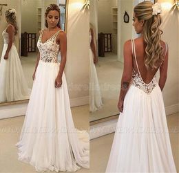 2022 V-hals Kant een lijn Bohemen Trouwjurken Chiffon Applique Backless Sweep Trein Zomer Strand Bruiloft Bruidsjurk Robe de Mariée BC0875