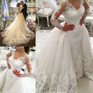 Vestido de novia de encaje con cuello en V 2022 con tren desmontable Manga larga Capilla Vestidos de novia Musulmanes árabes Dubai Vestidos de novia por encargo Vestidos De Novia