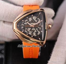 2022 Ventura Elvis80 Skeleton H24525331 A2824 Automatische Herenhorloge Rose Gold Black Dial Oranje Rubber Strap Horloges Super Edition Puretime F05E5