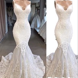2022 Vintage African Mermaid Wedding Dresses Bride Gowns Spaghetti Straps Full Lace Appliques Open Back Sweep Train Plus Size Sleeveless Vestidos De Marriage