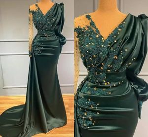 2022 Vintage Arabe À Manches Longues Vert Foncé Sirène Robes De Soirée Perlées Paillettes Appliques Plis Long Satin Occasion Formelle Robes De Bal bc10945