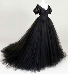 2022 Vintage negro vestido de fiesta vestidos de novia de manga corta con cuello en V gótico vestidos de novia apliques florales largo tul novia ropa Formal espalda con cordones princesa Robe De Mariee