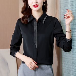 2022 Vintage Casual Silk Black Shirts Women Designer Long Sleeve Lapel Blouses Ladies Office Formal Button Down Shirt Spring Autumn Solid Color Blouses Runway Tops