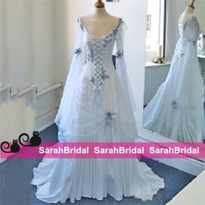 2022 Vintage robe de mariée celtique ivoire et bleu pâle coloré robes de mariée médiévales Scoop Corset manches longues appliques personnalisées Ma286y