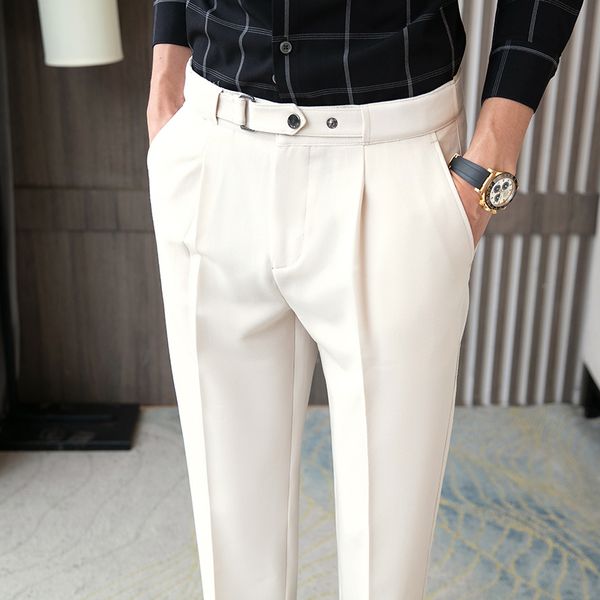 2022 Vintage Caballero elegante vestido pantalones para hombre Beige Slim Fit Inglaterra pantalones recortados con cinturón blanco pantalones oficina fiesta caqui