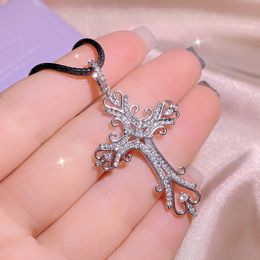 2022 Vintage Sieraden Kruis Hanger 925 Sterling Zilveren Pave Wit Saffier CZ Diamond Edelstenen Party Court Eternity Dames Bruiloft Touw Ketting Collier Gift