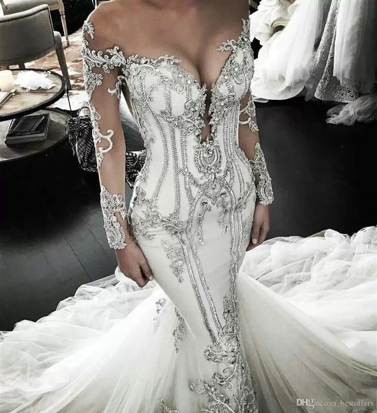 2022 Vestidos de novia de sirena de manga larga vintage con cuentas de cristal Vestido de novia de talla grande de lujo Tren de barrido Sheer Jewel Neck Vestido de Novia