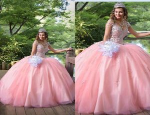 2022 Vintage luxe roze roze quinceanera ball jurk jurken v nek kanten appliques kristal kralen tule sweet 16 plus size feest prom6301224